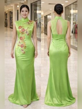 Fashion Nova Elegant Lime Green Embroidered Cheongsam Dress